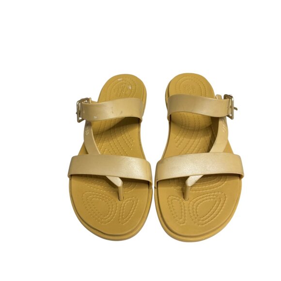 Crocs Tulum Toe Post Sandals Sz 7 Beige Buckle Iconic Comfort Thong Slides Women - Picture 2 of 11